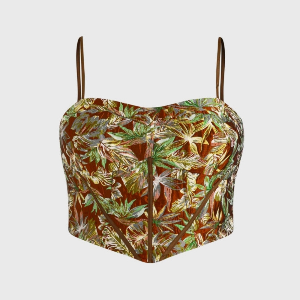 NWT Cider Wet and Wild Corset Top Brown Tropical Print Womens Size XLarge
